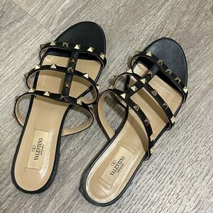 Valentino Garavani Black Leather Rockstud Multi-Strap Slide Sandals
